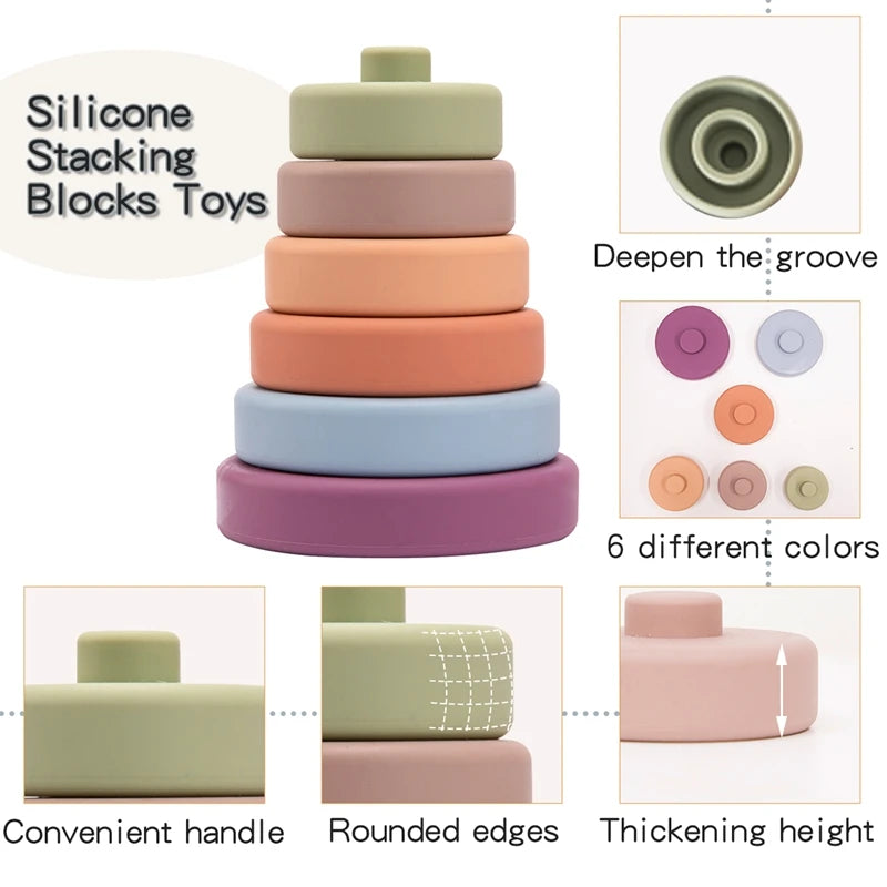 6pcs Baby Soft Silicone Building Blocks - Stacking Teether Montessori Toy