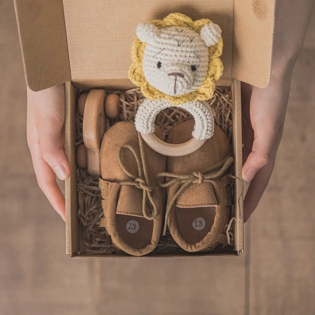 Baby Towel Bath Set Gift Box with Cotton Blankets, Newborn Milestone Cards, Wooden Ring Rabbit Rattle, and Infant Brush - Perfect Baby Birth Gift