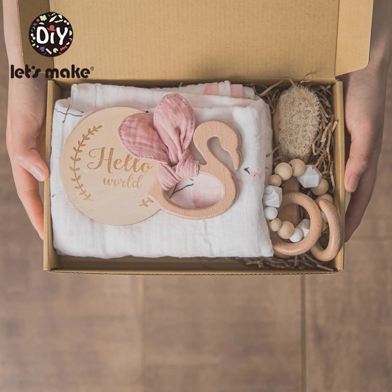 Baby Towel Bath Set Gift Box with Cotton Blankets, Newborn Milestone Cards, Wooden Ring Rabbit Rattle, and Infant Brush - Perfect Baby Birth Gift