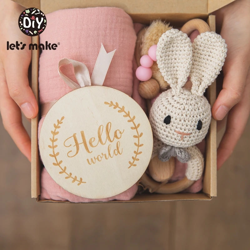 Baby Towel Bath Set Gift Box with Cotton Blankets, Newborn Milestone Cards, Wooden Ring Rabbit Rattle, and Infant Brush - Perfect Baby Birth Gift