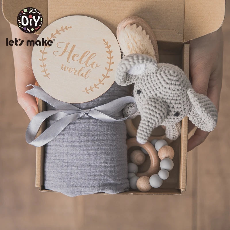 Baby Towel Bath Set Gift Box with Cotton Blankets, Newborn Milestone Cards, Wooden Ring Rabbit Rattle, and Infant Brush - Perfect Baby Birth Gift