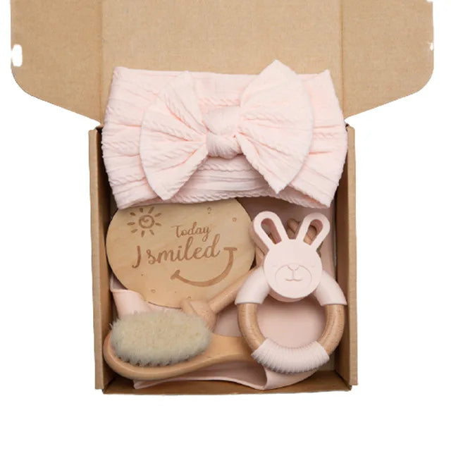 Baby Towel Bath Set Gift Box with Cotton Blankets, Newborn Milestone Cards, Wooden Ring Rabbit Rattle, and Infant Brush - Perfect Baby Birth Gift