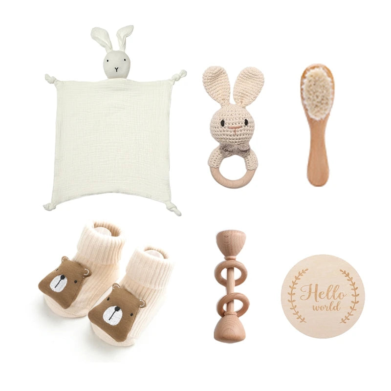 Double Sided Cotton Blankets Baby Bath Toy Set with Crochet Rabbit Rattle, Wooden Ring Infant Teether & Bath Brush for Newborn Gift