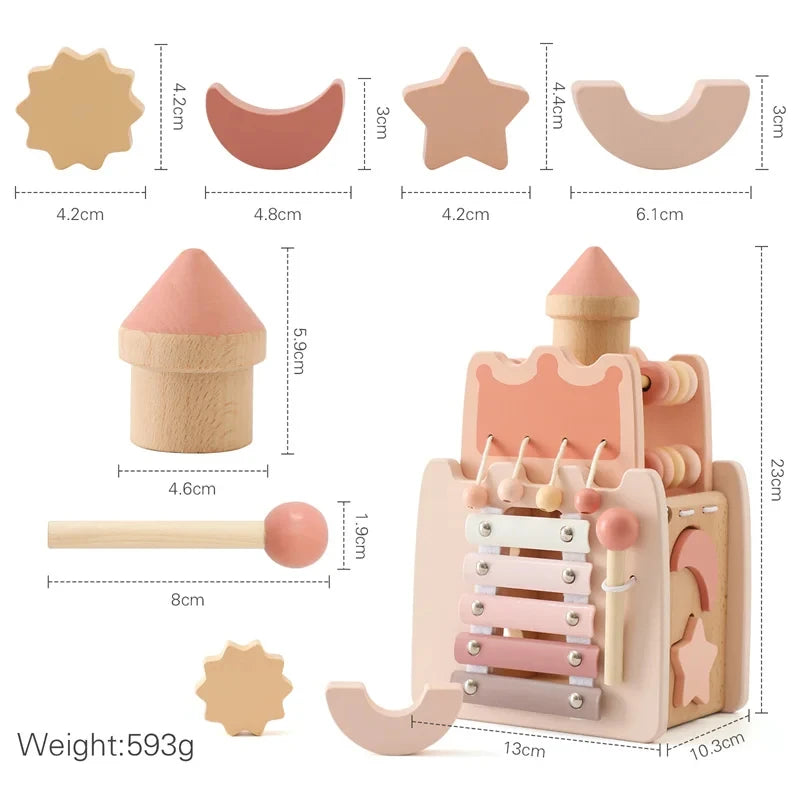 Baby Wooden Castle 5-in-1 Toy – Montessori Music, Shape Matching, and Building Blocks