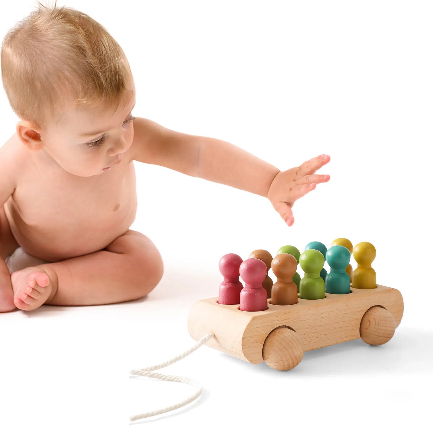 Wooden Beech Trolley Toy with Colorful Dolls – Montessori Developmental Toy for Babies (1-3 Years)