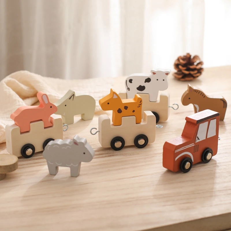 Baby Wooden Building Blocks Train Farm Animals Stacking Educational Montessori Toy