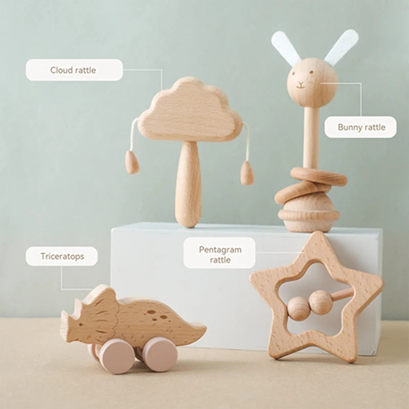 Wooden Baby Rattle Set - Montessori Comfort Toy & Gift