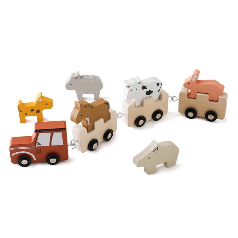 Baby Wooden Building Blocks Train Farm Animals Stacking Educational Montessori Toy