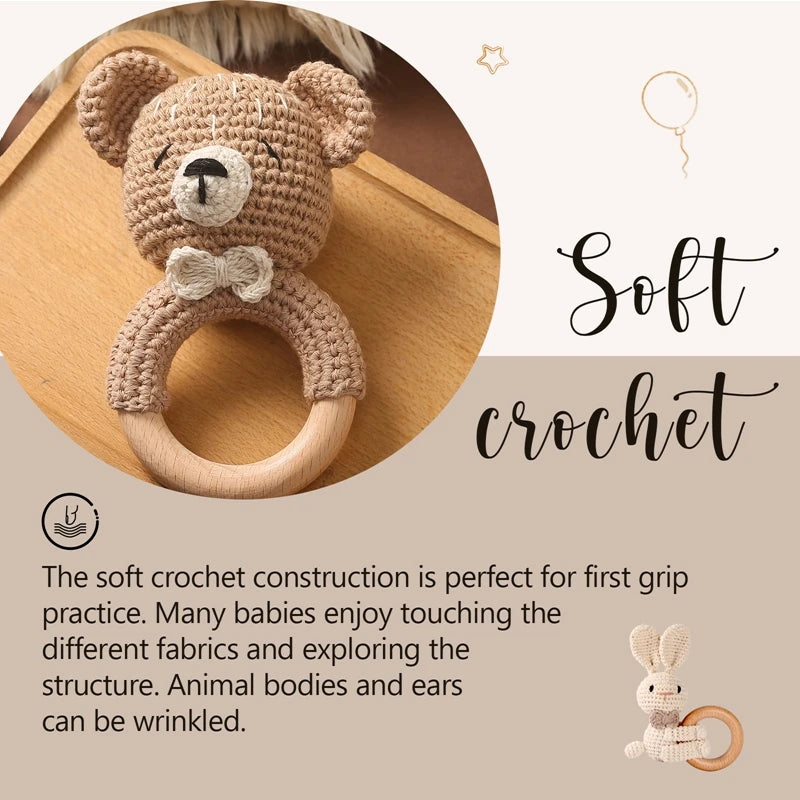 Baby Rattle Toy – Crochet Animal Designs with Wooden Ring Teether