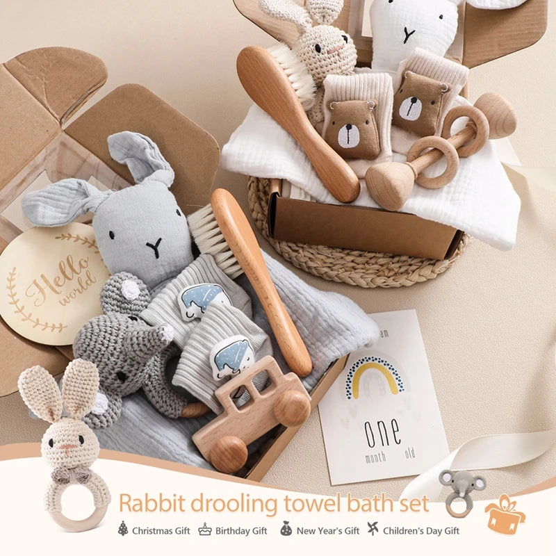 Double Sided Cotton Blankets Baby Bath Toy Set with Crochet Rabbit Rattle, Wooden Ring Infant Teether & Bath Brush for Newborn Gift