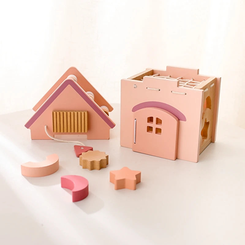 Baby Wooden Castle 5-in-1 Toy – Montessori Music, Shape Matching, and Building Blocks