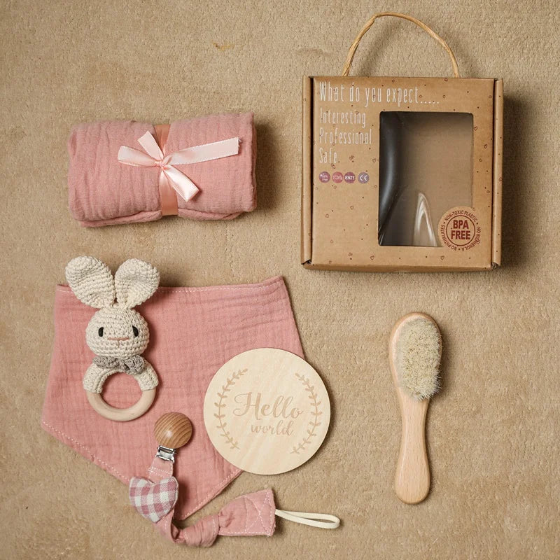 Baby Towel Bath Set Gift Box with Cotton Blankets, Newborn Milestone Cards, Wooden Ring Rabbit Rattle, and Infant Brush - Perfect Baby Birth Gift