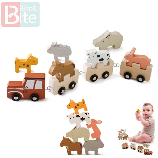 Baby Wooden Building Blocks Train Farm Animals Stacking Educational Montessori Toy