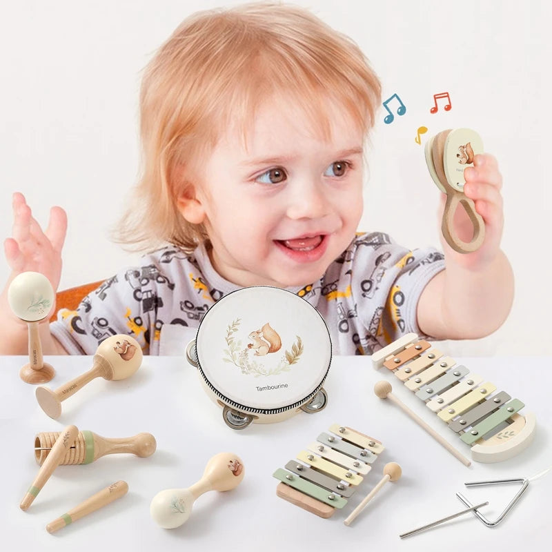 Wooden Montessori Musical Instruments Set – Xylophone, Rattle, and Drum – Music Enlightenment Educational Toys for Babies and Toddlers