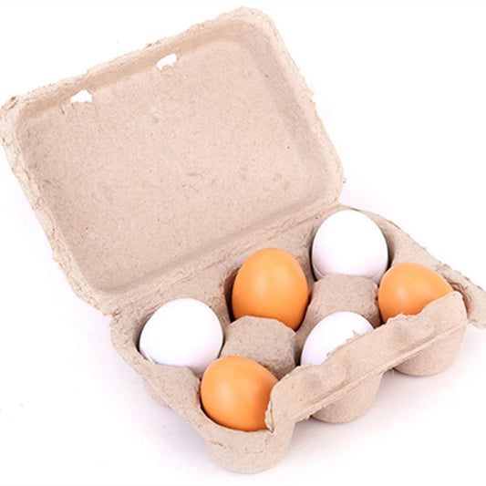 6pcs Wooden Simulation Eggs Set – Pretend Play Kitchen Food for Kids (Montessori Educational Toy)