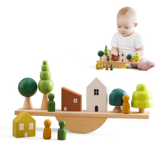 Wooden Baby Animal Balance Board – Montessori Stacking and Threading Toy