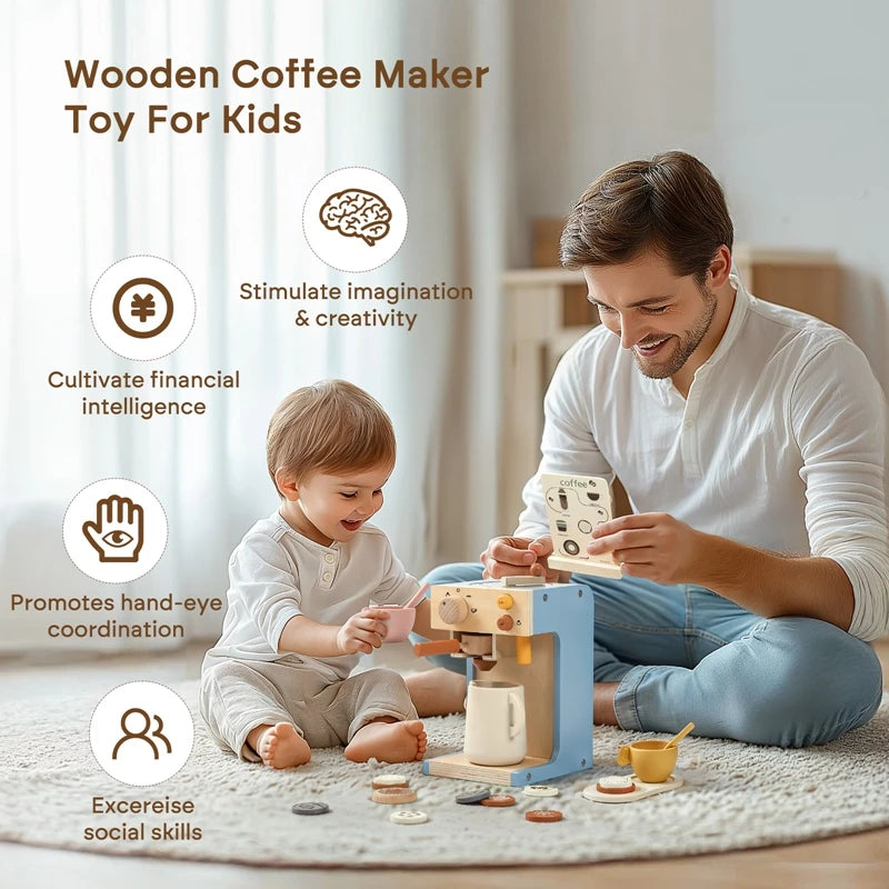 Wooden Kitchen Pretend Play Coffee Maker Toy – Simulation Educational Toy for Kids, Holiday Gift for Boys and Girls