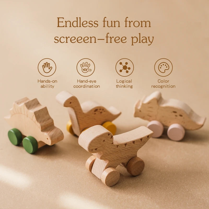 Montessori Wooden Dinosaur Car Toys – Educational Wooden Blocks for Children