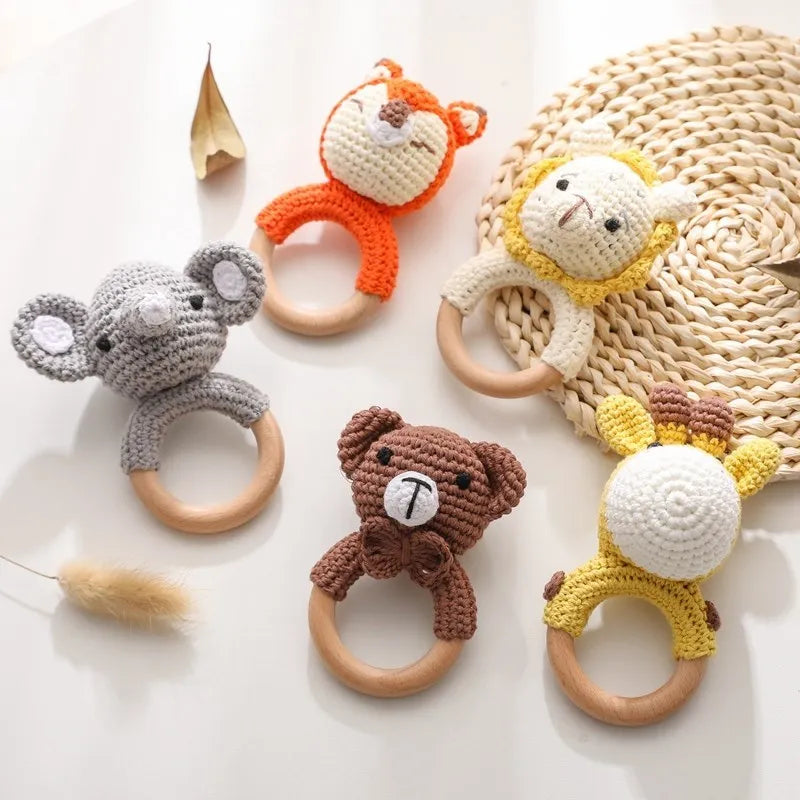 Baby Rattle Toy – Crochet Animal Designs with Wooden Ring Teether