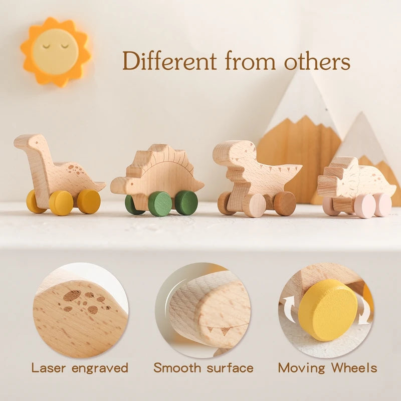 Montessori Wooden Dinosaur Car Toys – Educational Wooden Blocks for Children