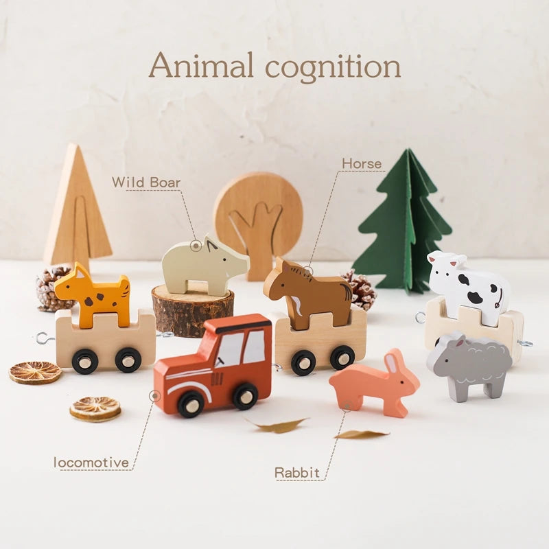 Baby Wooden Building Blocks Train Farm Animals Stacking Educational Montessori Toy