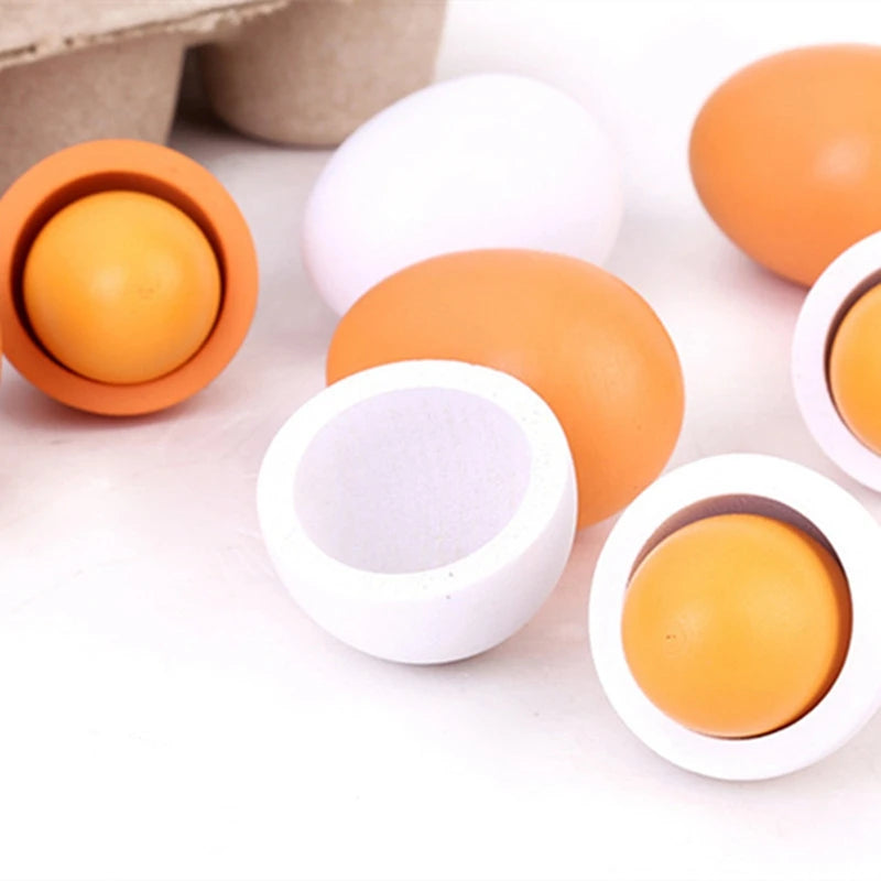 6pcs Wooden Simulation Eggs Set – Pretend Play Kitchen Food for Kids (Montessori Educational Toy)