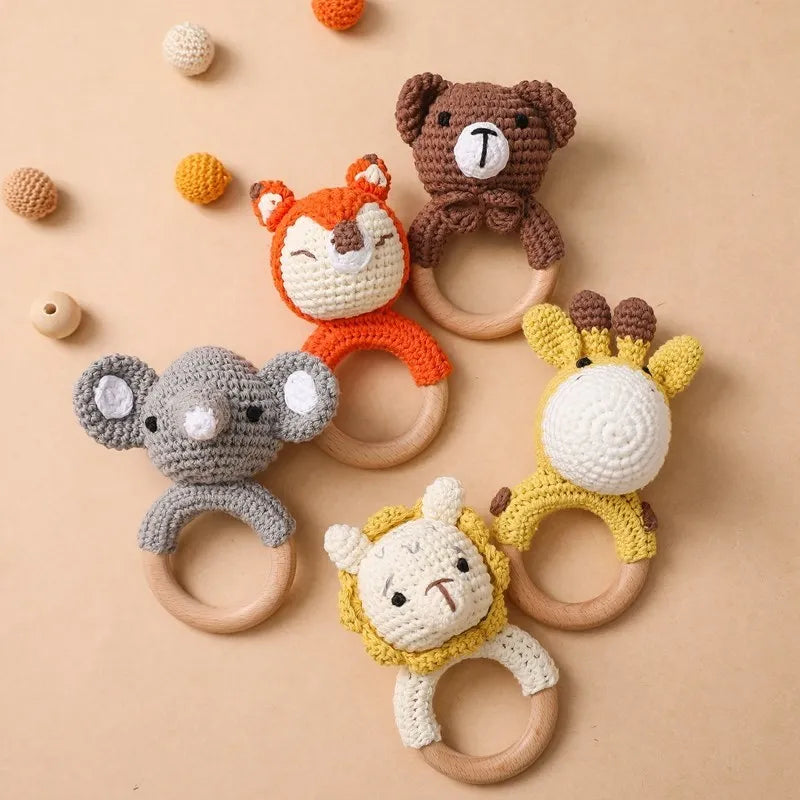 Baby Rattle Toy – Crochet Animal Designs with Wooden Ring Teether