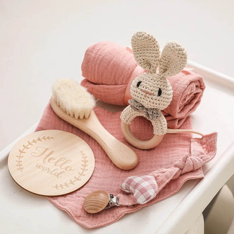 Baby Towel Bath Set Gift Box with Cotton Blankets, Newborn Milestone Cards, Wooden Ring Rabbit Rattle, and Infant Brush - Perfect Baby Birth Gift