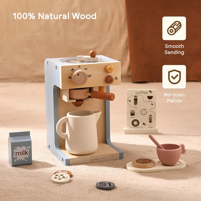 Wooden Kitchen Pretend Play Coffee Maker Toy – Simulation Educational Toy for Kids, Holiday Gift for Boys and Girls