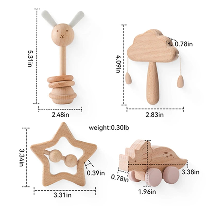 Wooden Baby Rattle Set - Montessori Comfort Toy & Gift