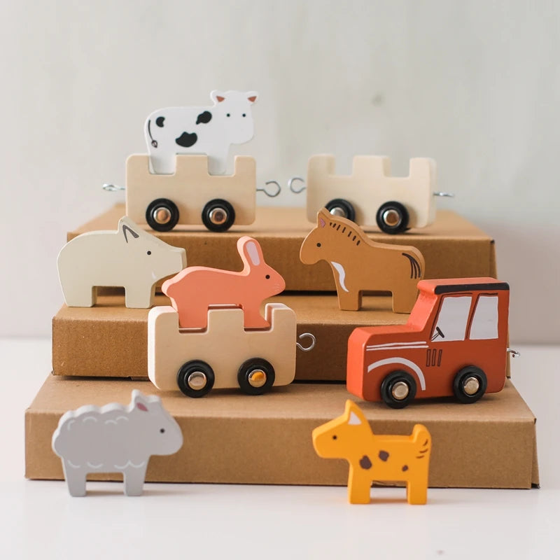 Baby Wooden Building Blocks Train Farm Animals Stacking Educational Montessori Toy