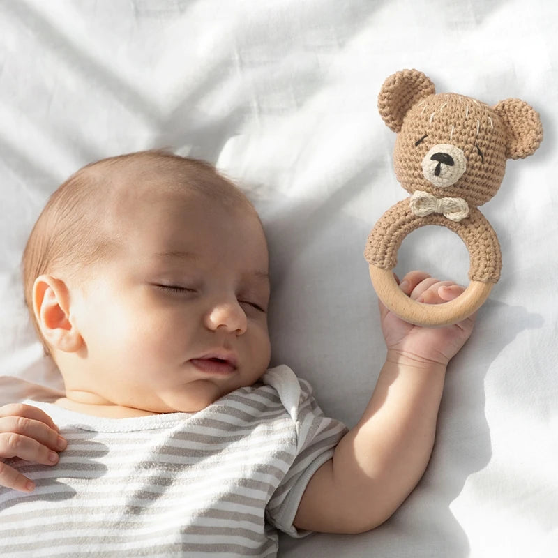 Baby Rattle Toy – Crochet Animal Designs with Wooden Ring Teether