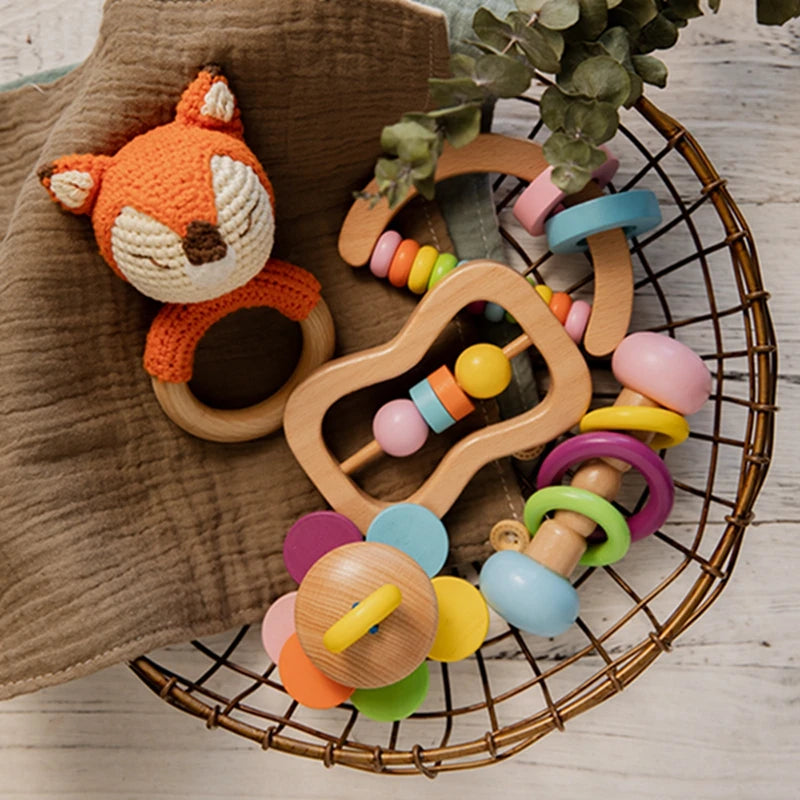 Wooden Rattles for Kids Montessori Baby Toys Educational CribToys For Newborn Musical Rattle Bell Development BabyToys Baby Gift