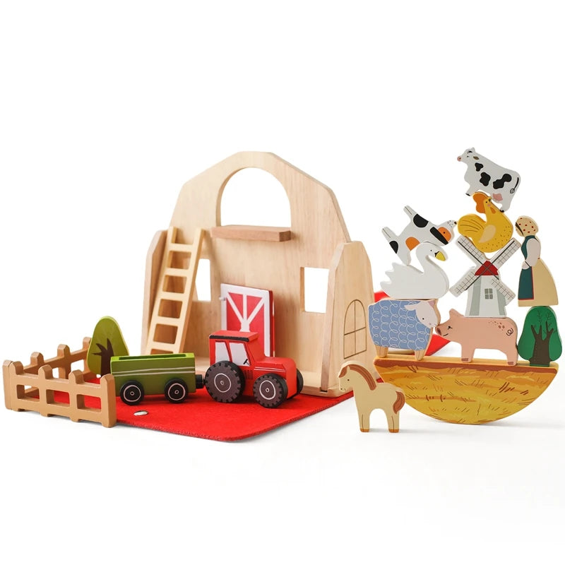 Baby Wooden Building Blocks Train Farm Animals Stacking Educational Montessori Toy