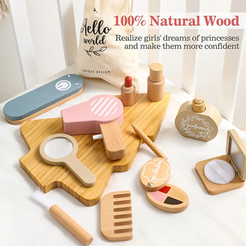 Simulation Wooden Makeup Toy Set – Pretend Play Beauty Toys for Girls, Princess Cosmetic Kit, Montessori Educational Gift