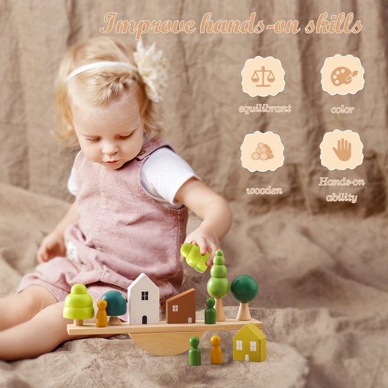 Wooden Baby Animal Balance Board – Montessori Stacking and Threading Toy