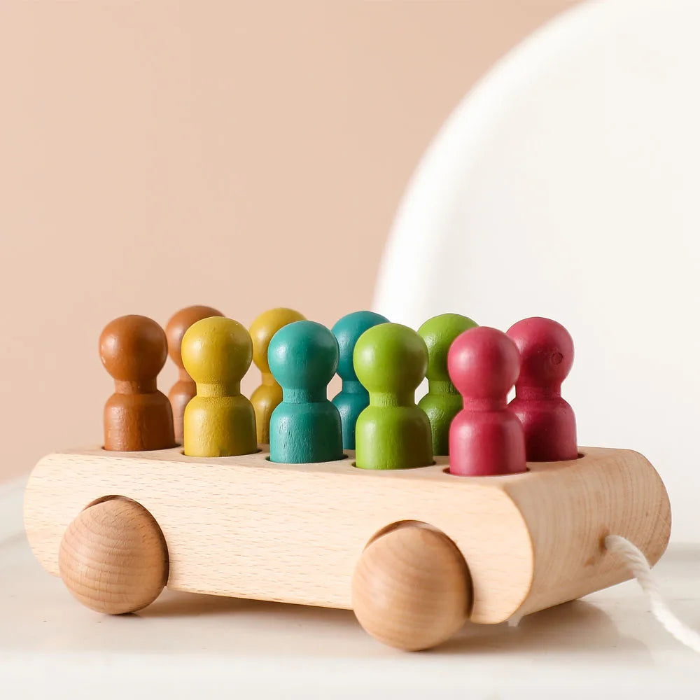 Wooden Beech Trolley Toy with Colorful Dolls – Montessori Developmental Toy for Babies (1-3 Years)