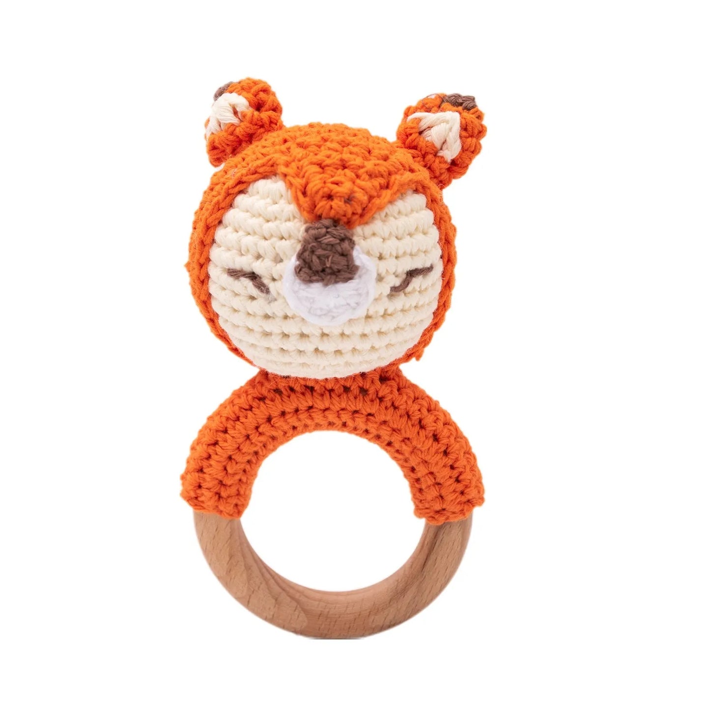 Baby Rattle Toy – Crochet Animal Designs with Wooden Ring Teether