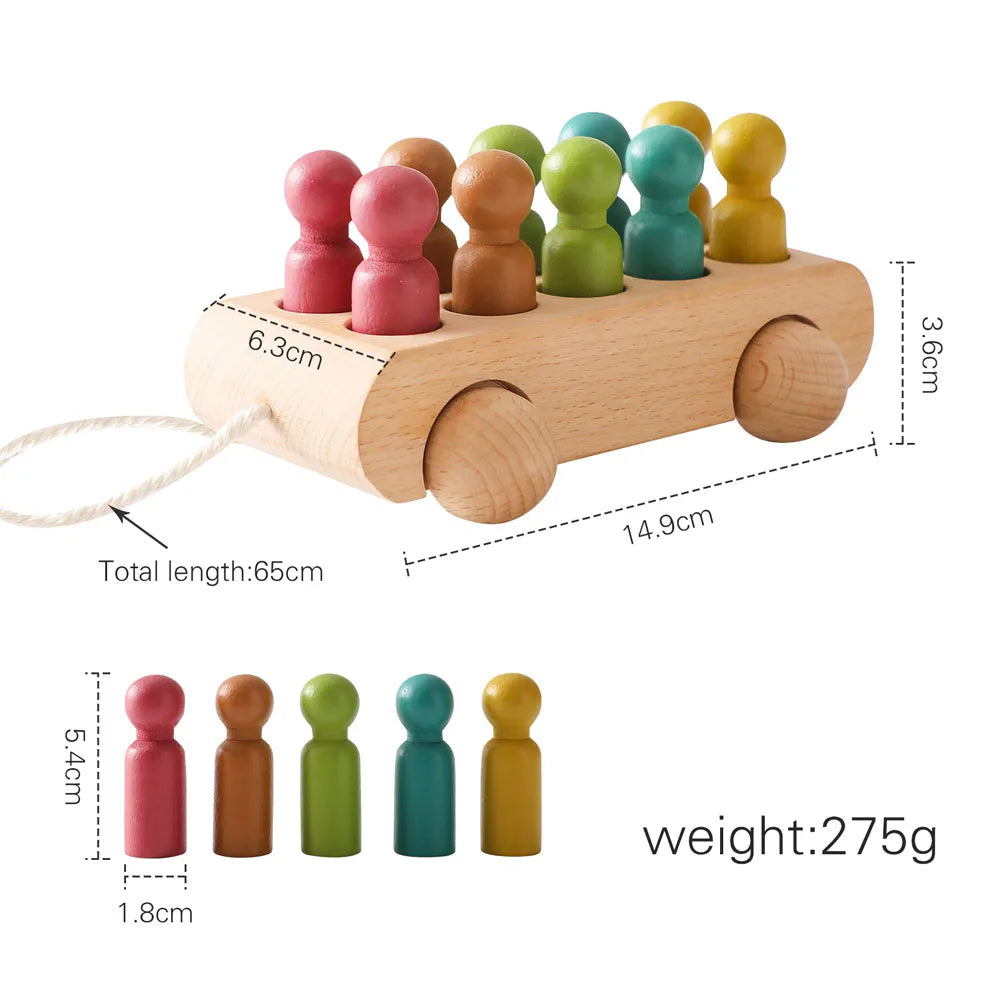 Wooden Beech Trolley Toy with Colorful Dolls – Montessori Developmental Toy for Babies (1-3 Years)