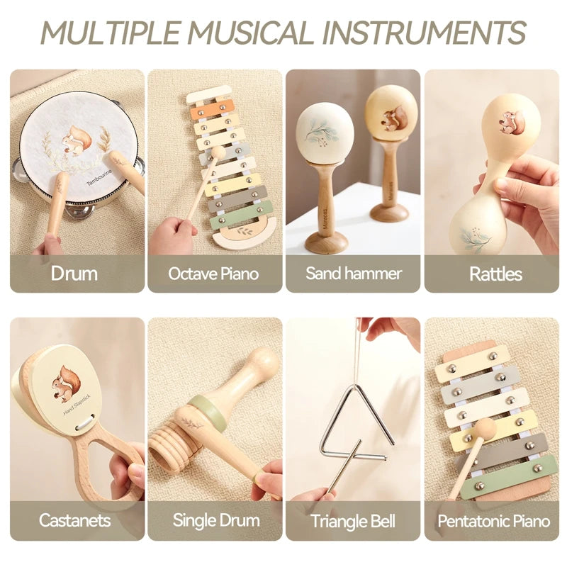 Wooden Montessori Musical Instruments Set – Xylophone, Rattle, and Drum – Music Enlightenment Educational Toys for Babies and Toddlers