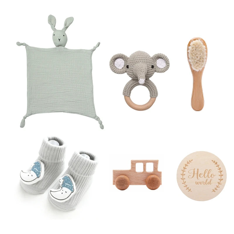 Double Sided Cotton Blankets Baby Bath Toy Set with Crochet Rabbit Rattle, Wooden Ring Infant Teether & Bath Brush for Newborn Gift