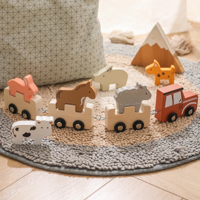 Baby Wooden Building Blocks Train Farm Animals Stacking Educational Montessori Toy