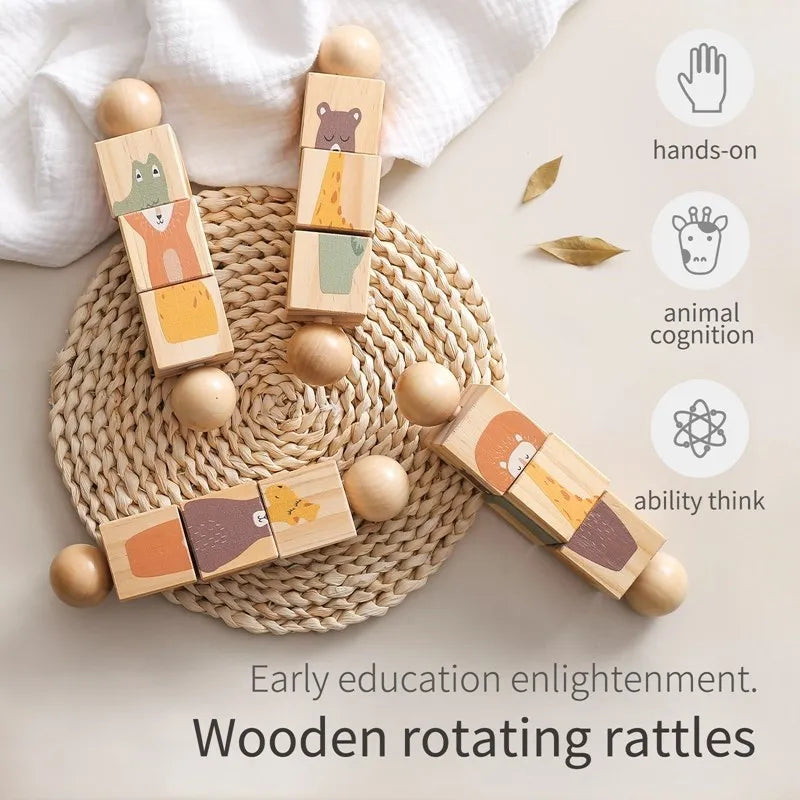 Baby Wooden Rattle Toy Cartoon Animal Jigsaw Puzzle