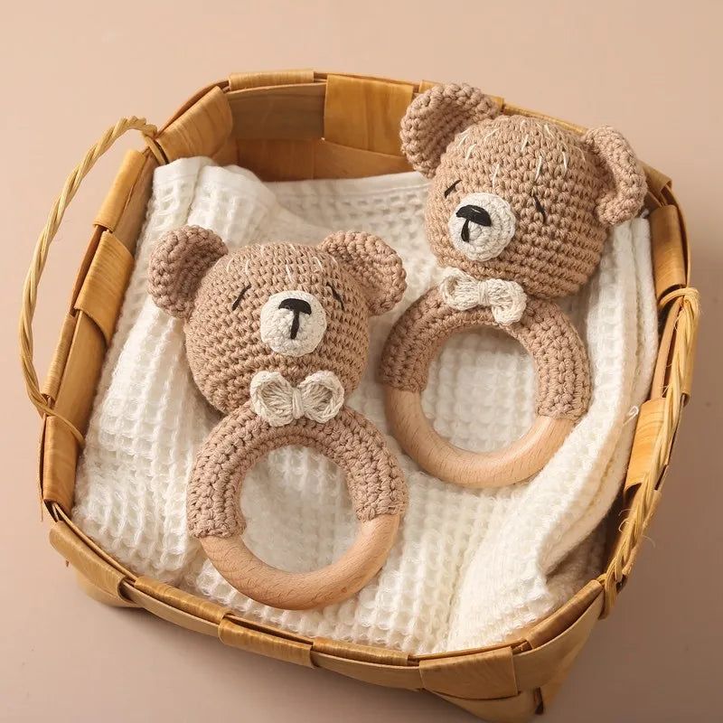 Baby Rattle Toy – Crochet Animal Designs with Wooden Ring Teether