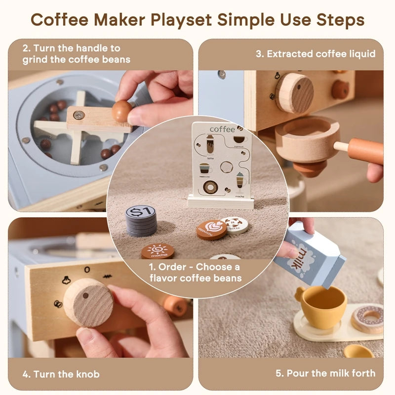 Wooden Kitchen Pretend Play Coffee Maker Toy – Simulation Educational Toy for Kids, Holiday Gift for Boys and Girls