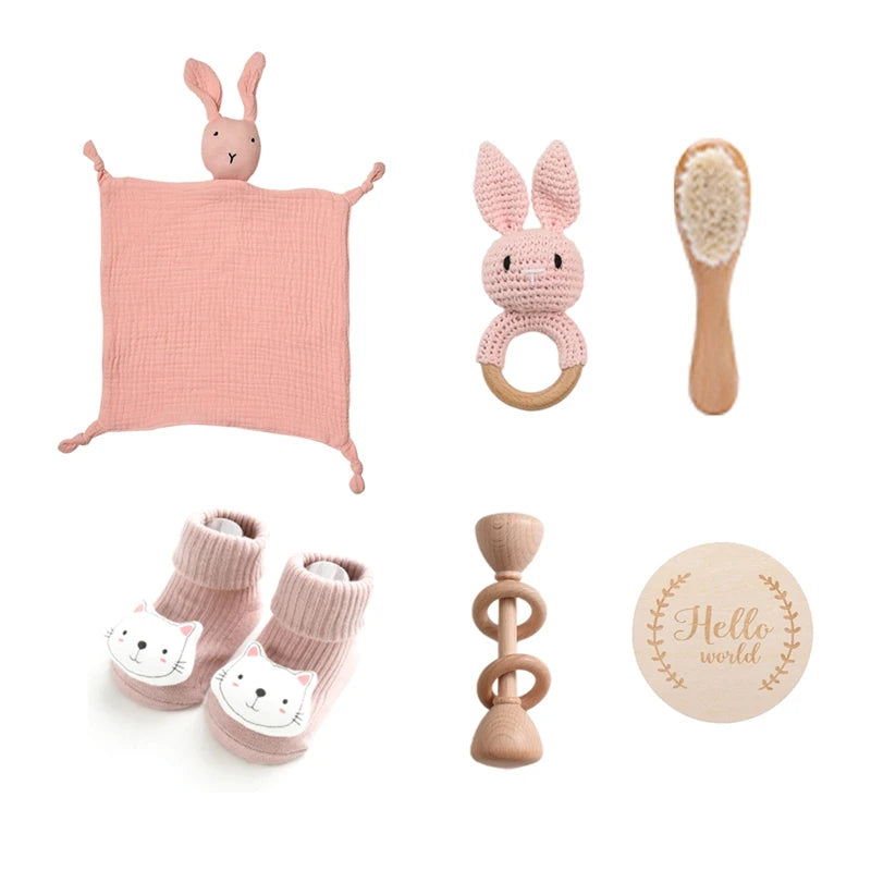 Double Sided Cotton Blankets Baby Bath Toy Set with Crochet Rabbit Rattle, Wooden Ring Infant Teether & Bath Brush for Newborn Gift