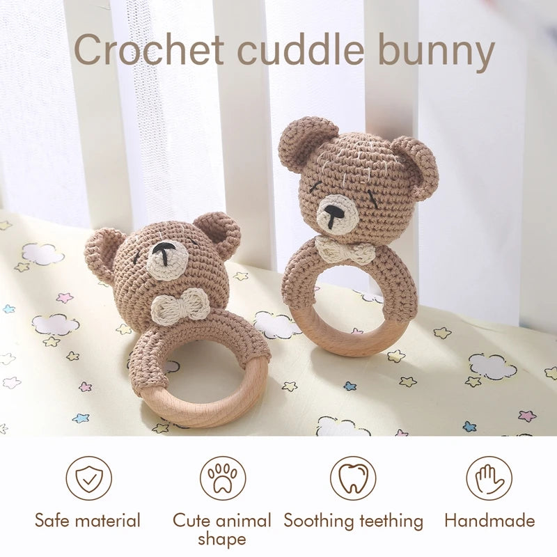 Baby Rattle Toy – Crochet Animal Designs with Wooden Ring Teether