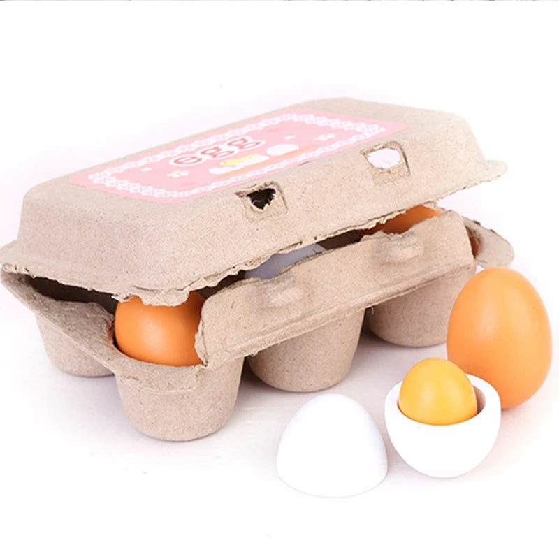 6pcs Wooden Simulation Eggs Set – Pretend Play Kitchen Food for Kids (Montessori Educational Toy)