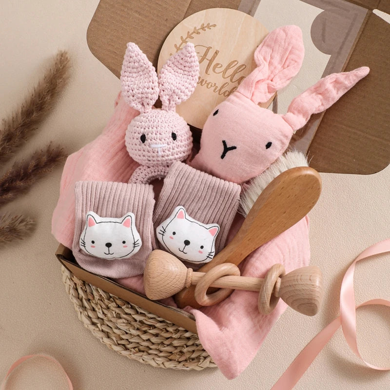 Double Sided Cotton Blankets Baby Bath Toy Set with Crochet Rabbit Rattle, Wooden Ring Infant Teether & Bath Brush for Newborn Gift