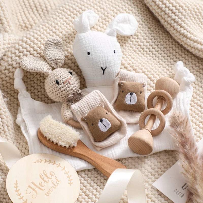 Double Sided Cotton Blankets Baby Bath Toy Set with Crochet Rabbit Rattle, Wooden Ring Infant Teether & Bath Brush for Newborn Gift